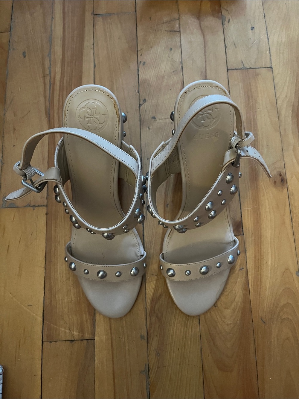 Guess Beige Studded Ankle-Strap Heeled Sandals